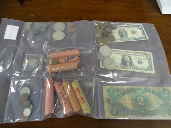 3-$2 BILL (RED SEAL); 5-$1 BILL (BLUE SEAL); 1-$2 ANTIQUE BILL; 83-WHEAT PENNIES;