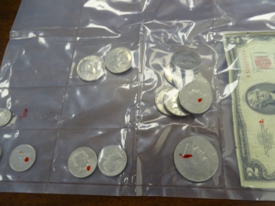 1 $2 TWO DOLLAR RED SEAL BILL, 1 FOREIGN COIN, 1 CANADIAN .25,