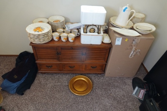 STONEWARE DISHES/CABINET/CLOCK X1