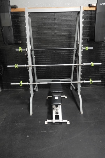 FREE WEIGHT HOIST SYSTEM W/BENCH, WEIGHTS, BARS
