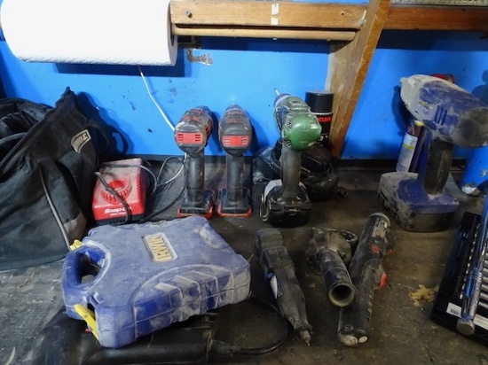 MISC. TOOLS ON BENCH TOP, SANDER, AIR TOOLS, CORDLESS TOOLS, CLAMPS, ALL ONE MONEY