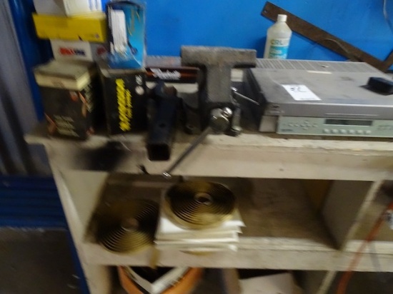 MISC. ON SHELF TOP TO BOTTOM STEREO, 6” VICE RECEIVER HITCH, MISC.
