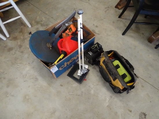 MISC IN BOX & ON FLOOR INCLUDING BARREL PUMP, BOAT CUTTERS, ELECTRIC MOTOR, TOOL BAGS, ETC.