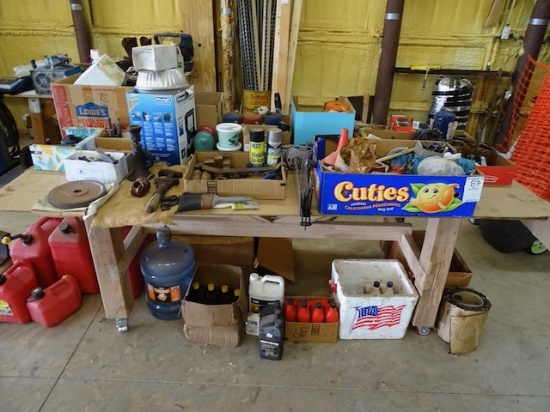 CONTENTS OF TABLE-TOP & BOTTOM INCLUDING ANTIQUE JACK, WRENCH,