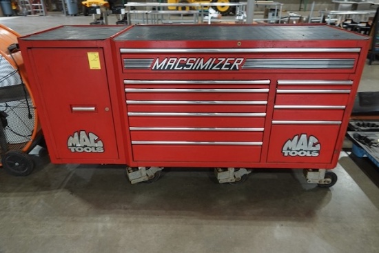 MAC TOOLS MACSIMIZER ROLL-A-ROUND TOOL BOX FULL OF TOOLING; WRENCHES, FILES,