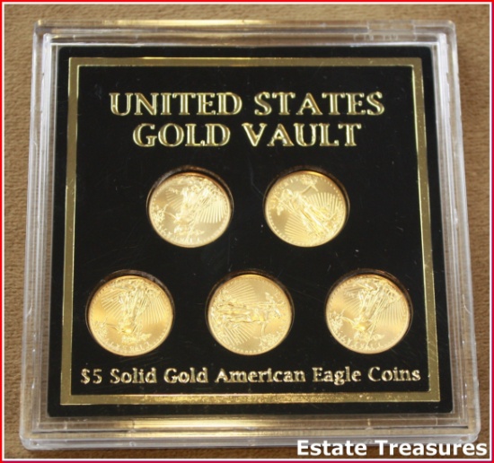 Set Of 5 U.S. $5 Dollar Gold American Eagle Coins 1/10 Oz.