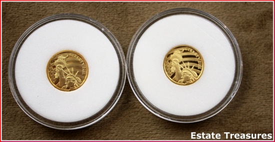 Pair (2) Of 2011 Cook Islands Gold Coins $5 Dollar Statue Of Liberty Coins