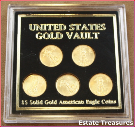 Set Of 5 U.S. $5 Dollar Gold American Eagle Coins 1/10 Oz.