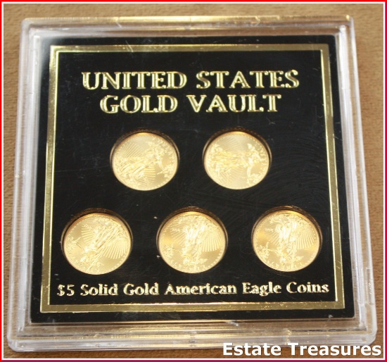 Set Of 5 U.S. $5 Dollar Gold American Eagle Coins 1/10 Oz.