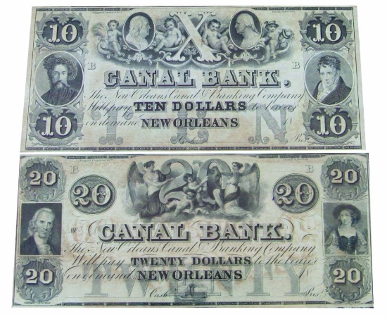 CANAL BANK of NEW ORLEANS $10.00 and  $20.00 OBSLETE BANK NOTES
