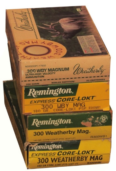 AMMO - .300 WEATHERBY MAG - 3 BOXES REMINGTON, 20 ROUNDS EACH;  BOX WEATHERBY, 20 ROUNDS