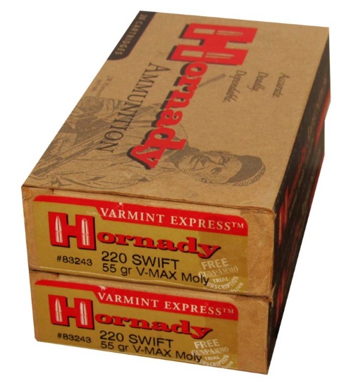 AMMO - 220 SWIFT HORNADY - 2 BOXES, 20 ROUNDS EACH