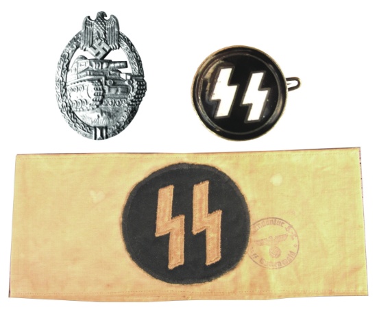NAZI SS ARM BAND, ARMY PANZER SILVER ASSAULT BADGE, SS MEMBER PIN by GES GESCH