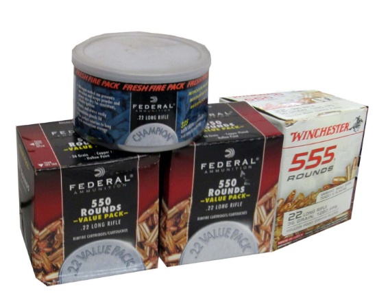 AMMO - FEDERAL .22 LR - (2) 550-ROUND BOXES, (1) CAN of 325 ROUNDS + WINCHESTER (1) BOX 555-ROUNDS