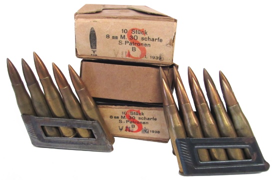 AMMO - 8x56R STEYR, NAZI MARKED AND DATED 1938 & 1939