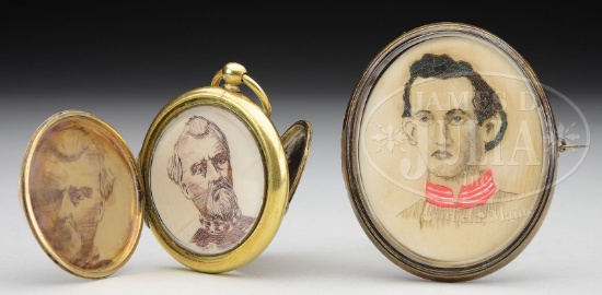 PAIR OF UNIQUE GOLD LOCKETS WITH SCRIMSHAWED IVORY IMAGES