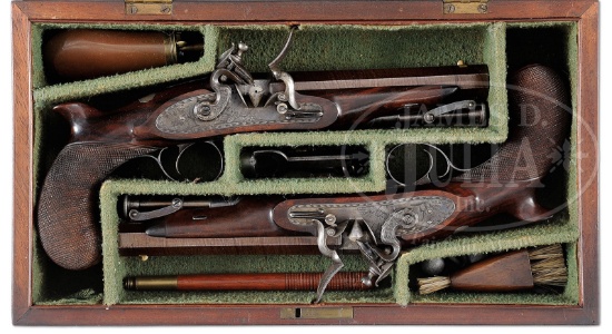 MUSEUM QUALITY CASED PAIR OF UNIQUE FLINTLOCK BELT PISTOLS
