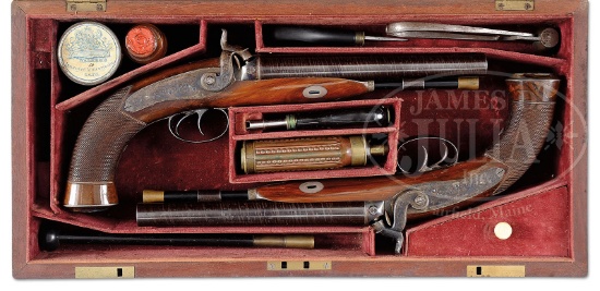 EXTREMELY FINE CASED PAIR DOUBLE BARREL HOWDAH-STYLE ENGLISH PERCUSSION
