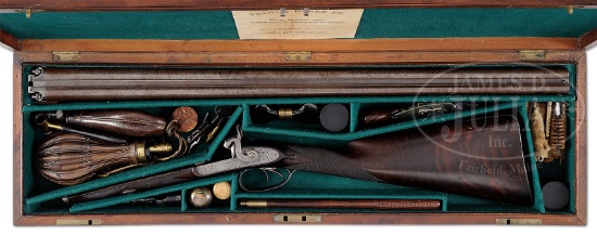 PERCUSSION DOUBLE SHOTGUN BY THOMAS K. BAKER WITH CASE.
