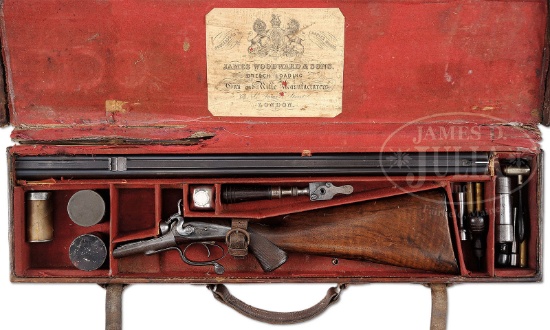 J. WOODWARD DOUBLE EXPRESS RIFLE WITH CASE AND ACCESSORIES.