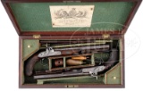 CASED PAIR OF JOSEPH MANTON PERCUSSION DUELING PISTOLS CONVERTED