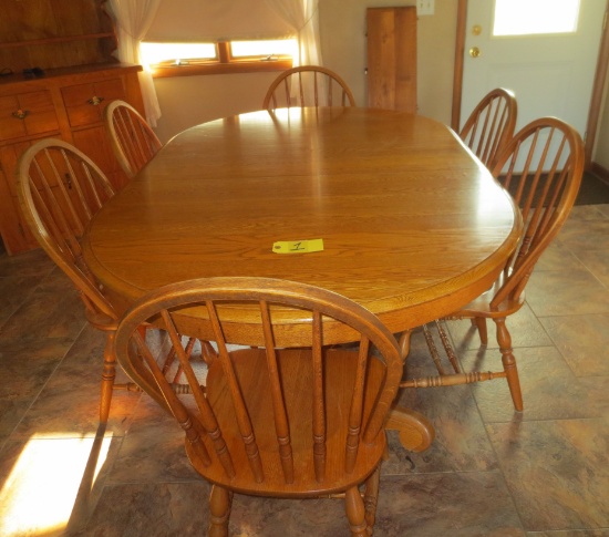 Oak Dining Trestle Table with 6 chairs & 3 leaves