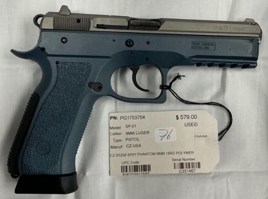 CZ-USA, CZ 91258 SP01, Phantom 9MM, 18 rd mag., Polymer