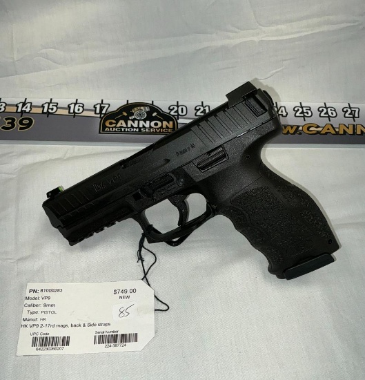 HK VP9, 9MM Pistol, 2 - 17 rd Mags, Back and Side Straps, New, SN-224-387724