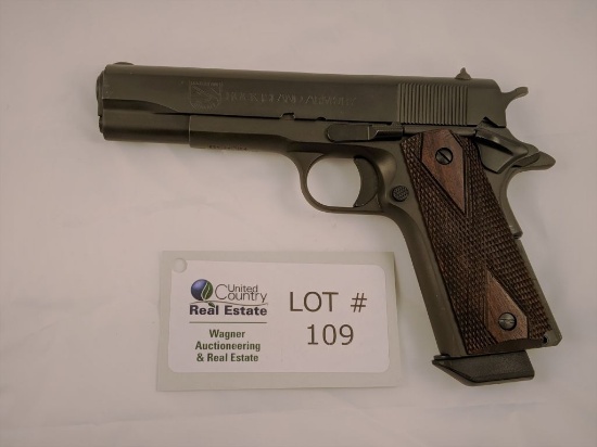 1911 ROCK ISLAND ARMORY SEMI-AUTOMATIC .45 ACP CALIBER GOVERNMENT MODEL, 5” BARREL WITH CUSTOM WOOD 