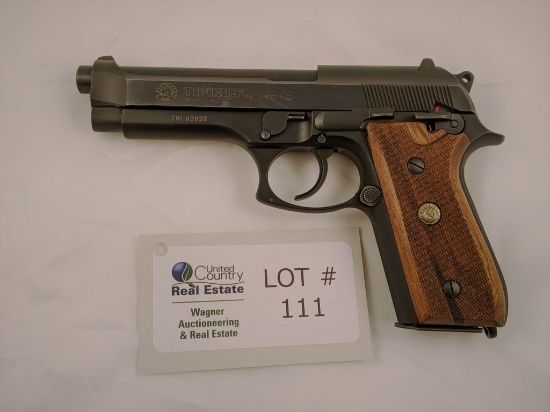 TAURUS MODEL PT 92 AF SEMI-AUTOMATIC 9MM CALIBER PISTOL, 5” BARREL, TARUS INSIGNIA WOOD CHECKERED GR