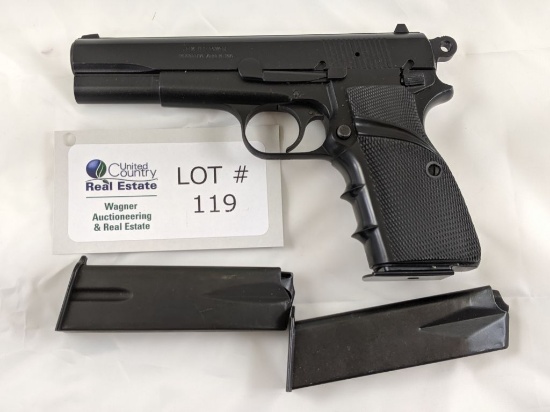 FM ARGENTINE HIGH-POWER MODEL SEMI-AUTOMATIC PISTOL 9MM CALIBER, 5” BARREL, BLACK FINISH, SERRATED T