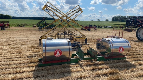 3 point mounted century 60’ spray boom with 2 stainless chem-farm saddle tanks, pto pump, radar, rav