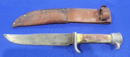 Hunting Type Knife with Case Hunting type knife with sheath, handle is stag, no markings, appears to