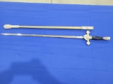 Thin Sword w/ Cover Thin made sword with cover, etched, and heavy handle, measures 33.5