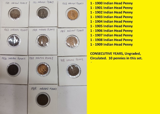 Consecutive Set Indian Head Pennies 1900-1909