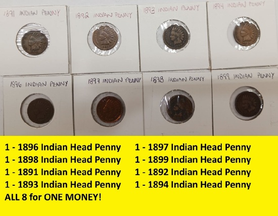 Set of 1891 thru 1899 Indian Pennies QTY 8