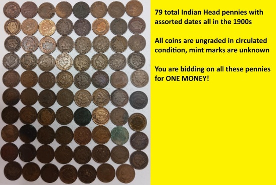 Indian Head Pennies assorted dates in 1900s QTY 79