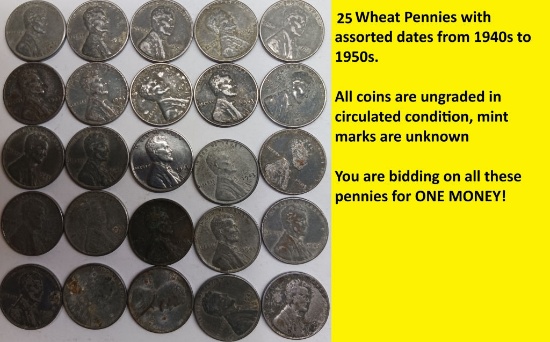 1940s-1950s Assorted Wheat Pennies QTY 25
