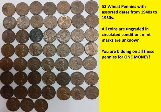 1940s-1950s Wheat Pennies QTY 52