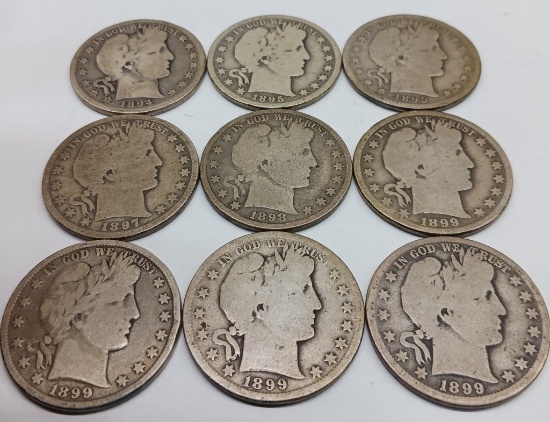 Barber SILVER Half Dollars QTY 9 TIMES THE MONEY