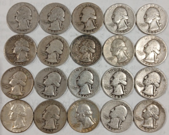 1936-63 Quarters All 20 ONE MONEY