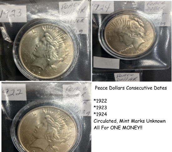 Consecutive Dates 1922-1924 Peace Dollars QTY 3