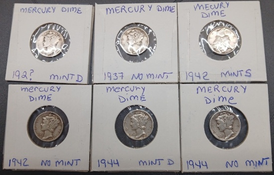 Mercury Dimes Assorted dates 192?-1944 QTY 6