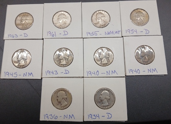 Silver Quarters Assorted dates 1934-1963 QTY 10