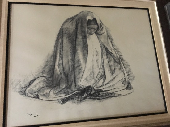 Zuniga original framed charcoal of woman