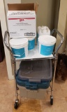 Cart with totes, Moroccanoil, creamer packets