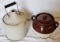 (1) 1 gallon crock jug with handle, (1) stone pot with lid