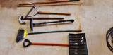 Assorted tool lot - snow shovel, snow brush, broom, tubing bender, weede wacker, 2 handles