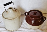 (1) 1 gallon crock jug with handle, (1) stone pot with lid