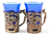 BLUE GLASS CUPS IN JAPANESE DESIGN METAL HOLDERS